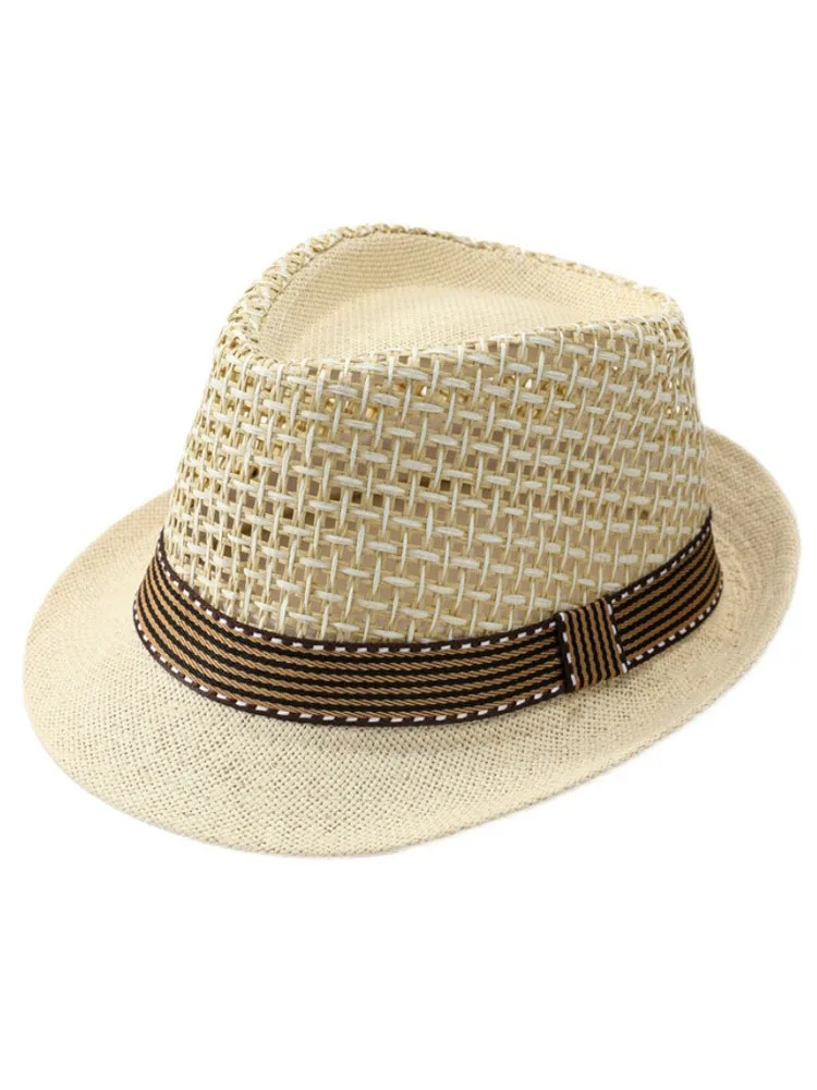Men Breathable Hollow Out Straw Fedora Hat Uv Protection Sun Hat For Middle Aged Elderly Men Casual Linen Cap For Outdoor Beach