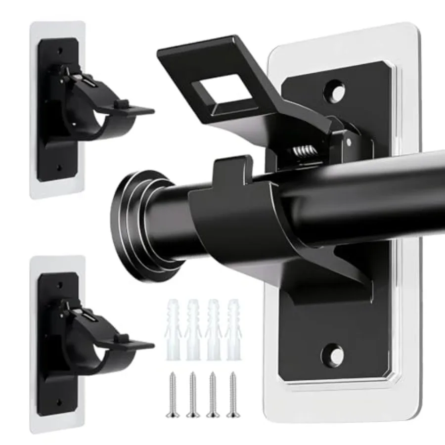 Lot de 2 supports adhésifs pour tringles à rideaux en PET sans clous pour salle de bain, cuisine et salon, noir