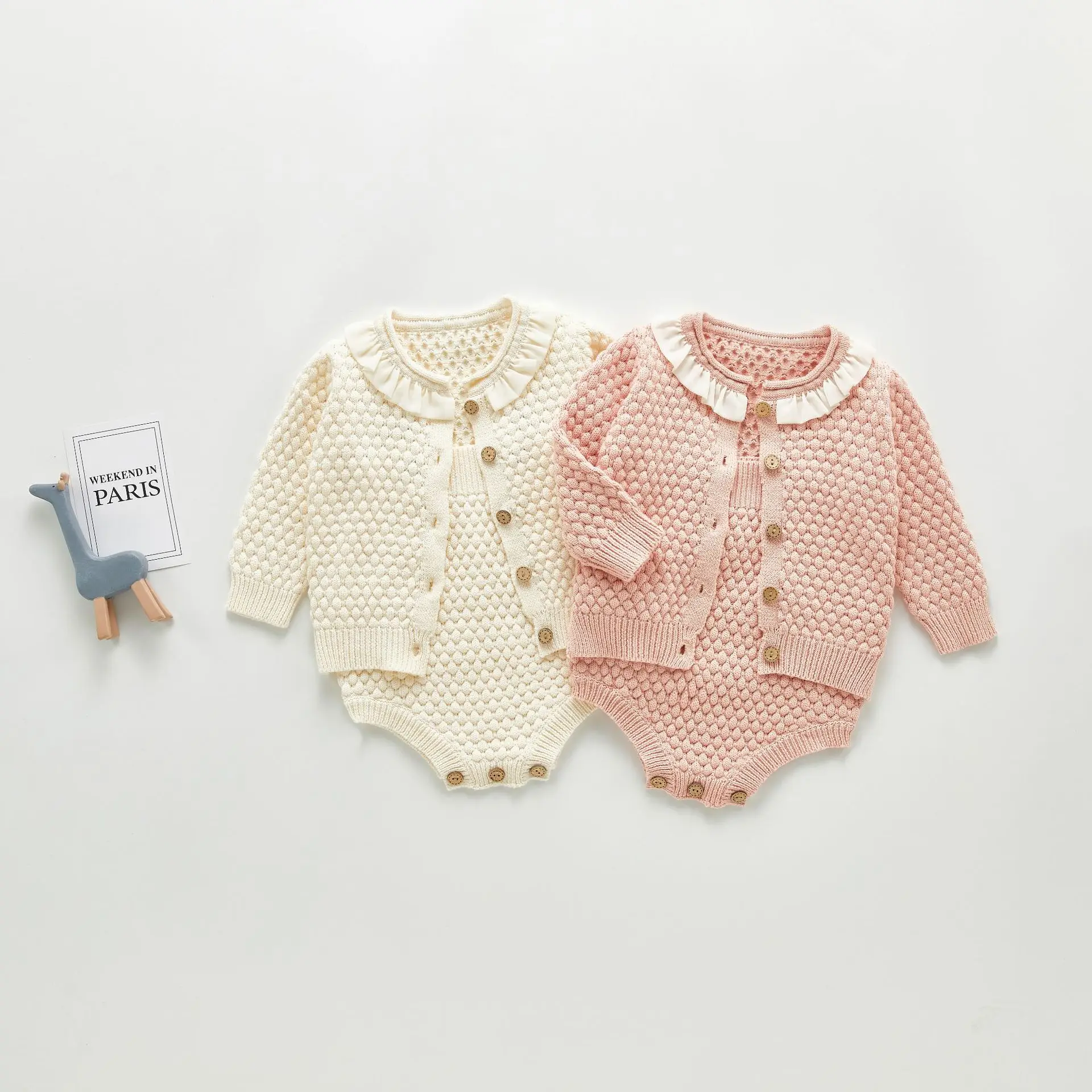 Autumn Newborn Infant Baby Girls Knit Romper + Coat Jacquard Pattern Kids Onepiece Fashion Baby Clothing