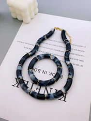 Unique Acrylic Marble Pattern Tube Necklace and Elastic Bracelet Set, Perfect for Women's Daily Wear jewellery set for women