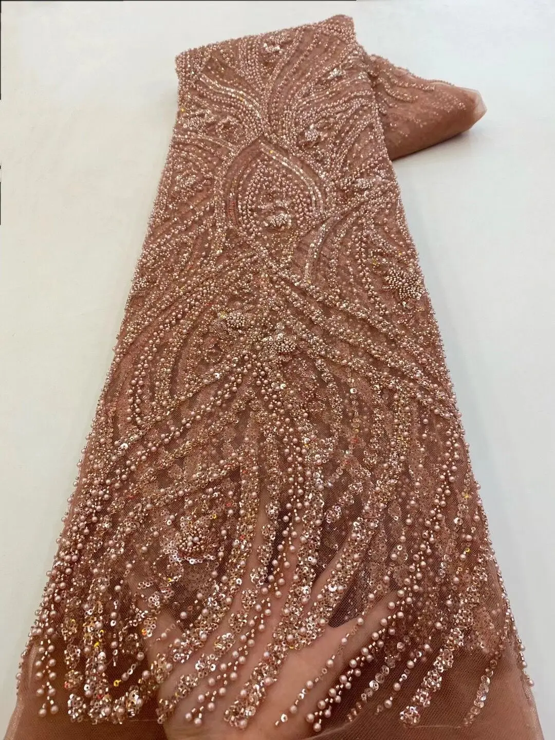 

African Heavy Bead Lace Fabric L-1308364 High Quality Nigerian Sequins French Tulle Fabric Material For Wedding Party