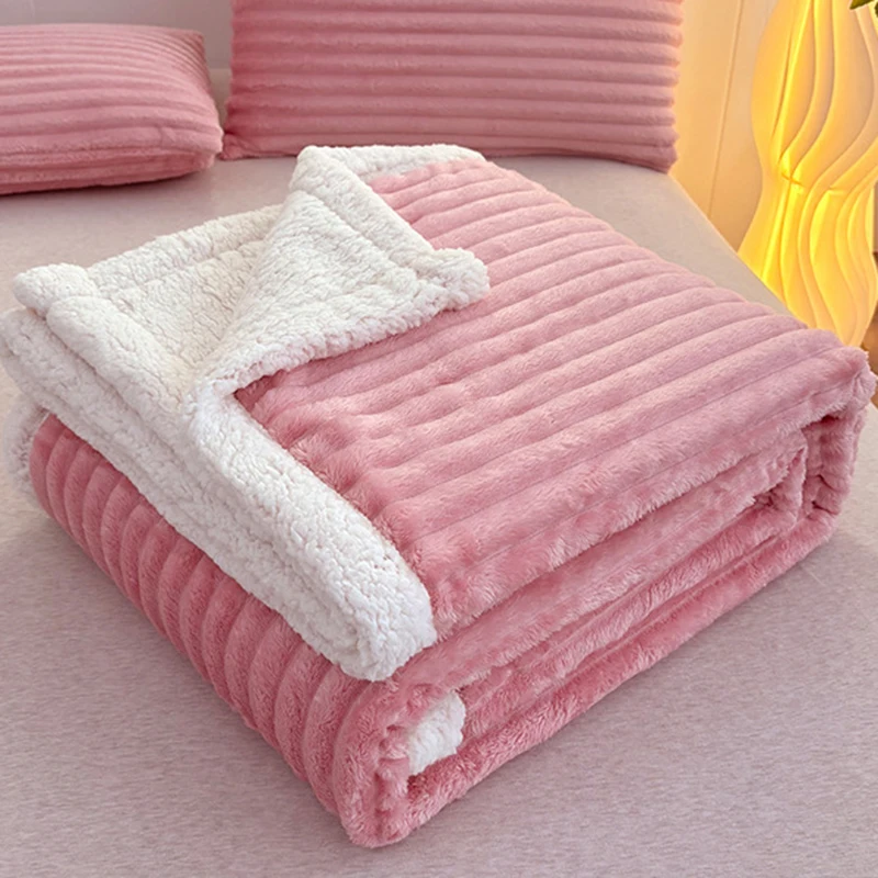 1Pc Faux Rabbit Plush Striped Blanket Thick Cashmere Lamb Fluffy Soft Throw Blankets Solid Color Keep Warm Nap Shawl for Winter