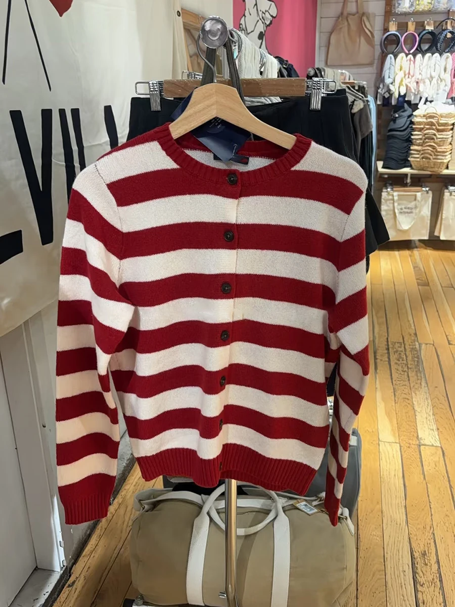 

Новый красный полосатый свитер с длинными рукавами, кардиган, осенний однобортный хлопковый трикотаж с круглым вырезом, женские винтажные универсальные свитера, топ
