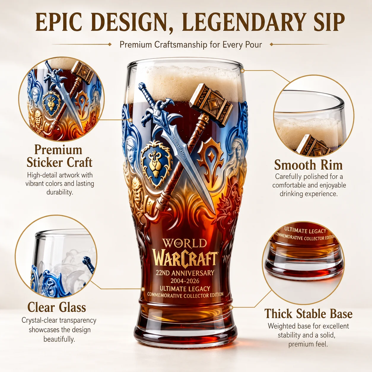 World of Warcraft Themed Glass Cup Horde Alliance Emblem Beer Mug For Home Bar Decoration Collectible Gift For WOW Gamers view 4
