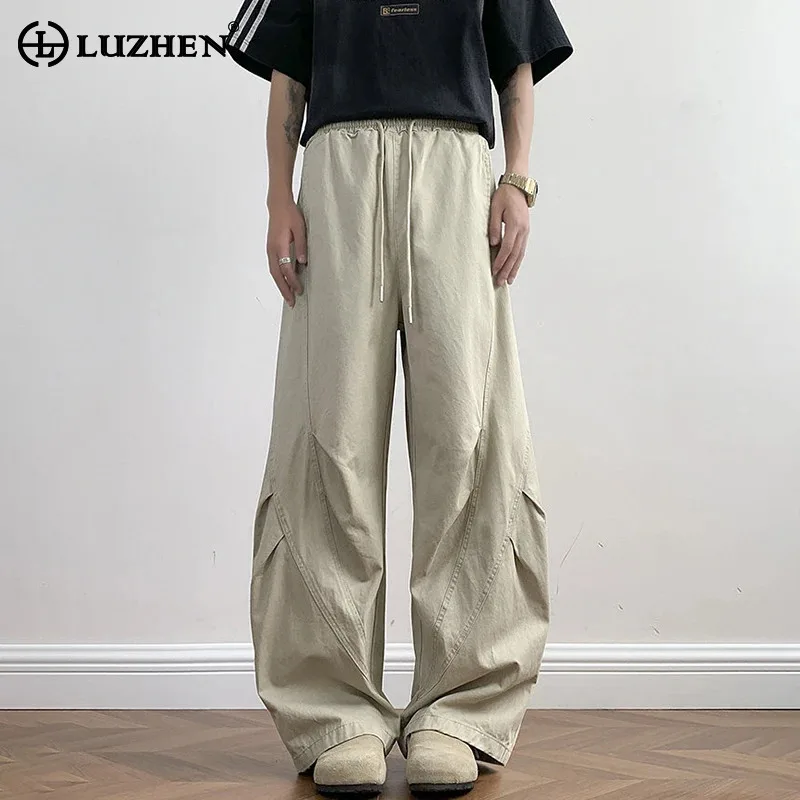 

LUZHEN Fashion Solid Color Pleated Wide Leg Casual Pants Men's Original Drawstring Elastic Waist Loose 2025 New Trousers JY3470