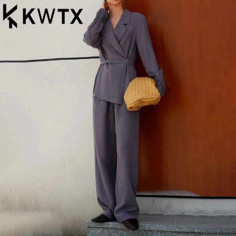 

KWTX Women’s Solid Color Two-Piece Set Lace-Up Asym Blazer & Pleated Trousers Spring Summer Casual Tie-Waist Elegant Outfit