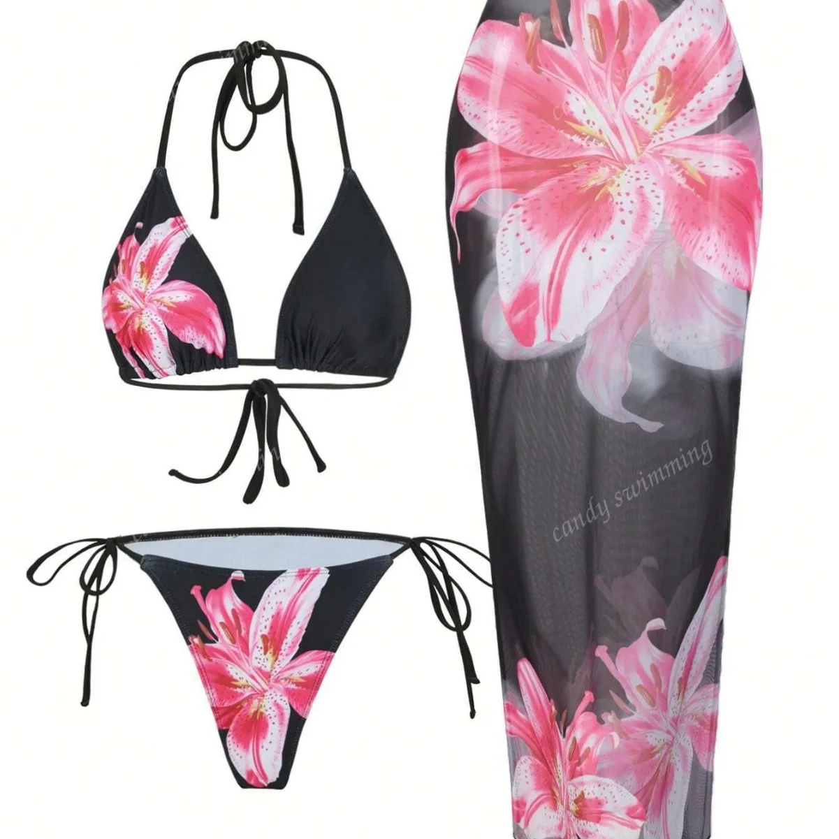Apron Three-piece Set, Bikini, Vintage Printed Long Skirt, Swimsuit, Women's Swimwear Beach Cover Up Biquini Swimming Suit