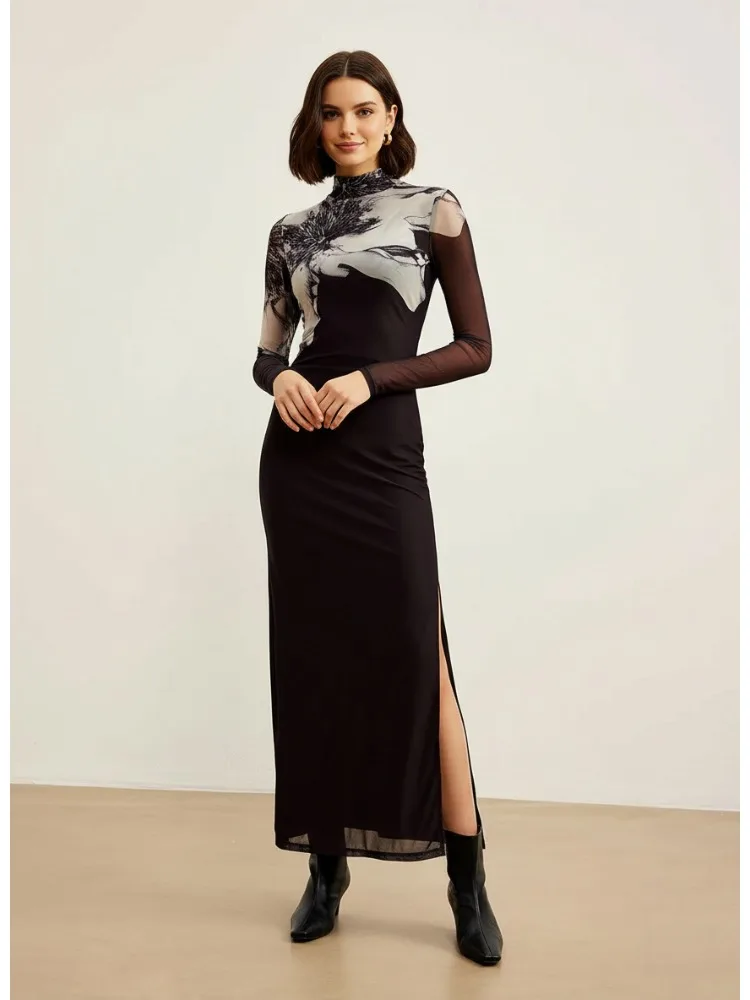 Sukienka maxi Freeacy damska, dopasowana, czarna, z golfem, przezroczystym panelem, nadrukiem artystycznym, długim rękawem, codzienna, nowa kolekcja wiosna 2026, obcisła sukienka.