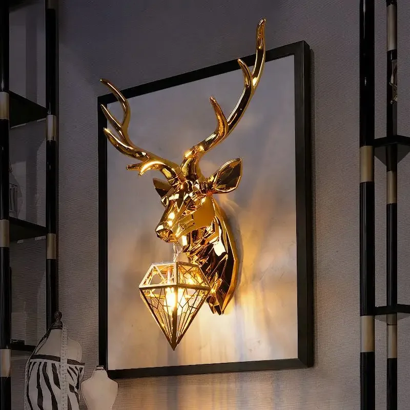 Deer head wall lamp European electroplating geometric deer living room entrance bedroom aisle stairs American retro creative ant
