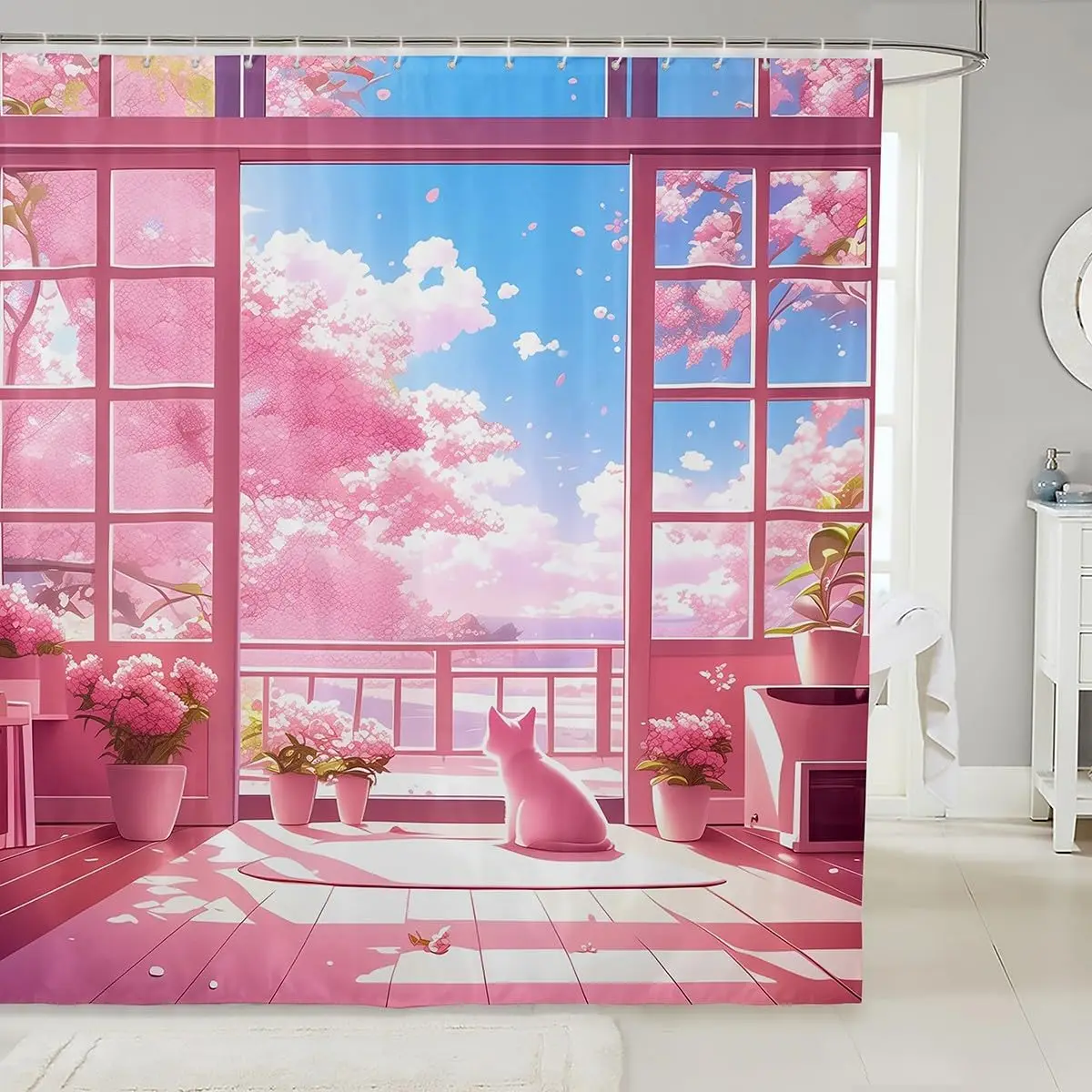 

Cute Cat Shower Curtain Japanese Anime Style Bathroom Curtain Pink Cartoon Anime Bathroom Accessories for Kids Adults