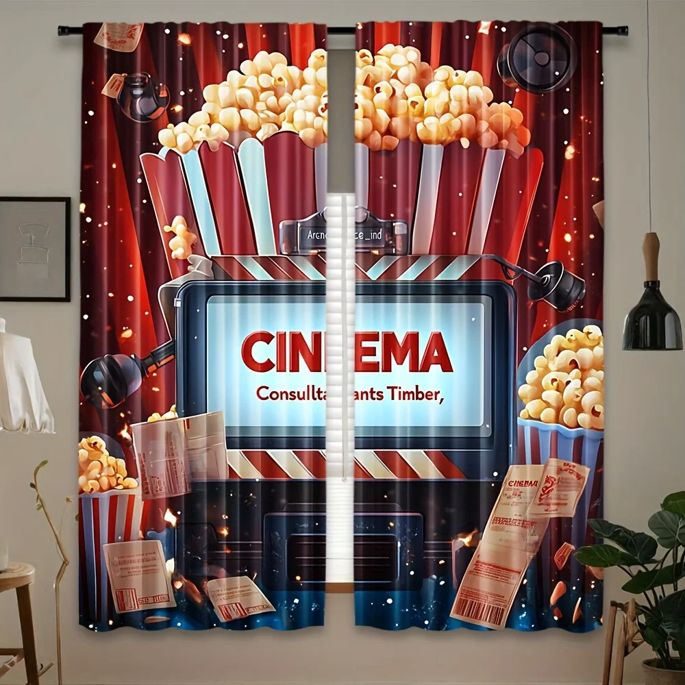 Cinema Theme Curtains, Popcorn Movie Ticket Graphic Window Drapes, Home Theater Room Decor, Blackout Fabric for Kids