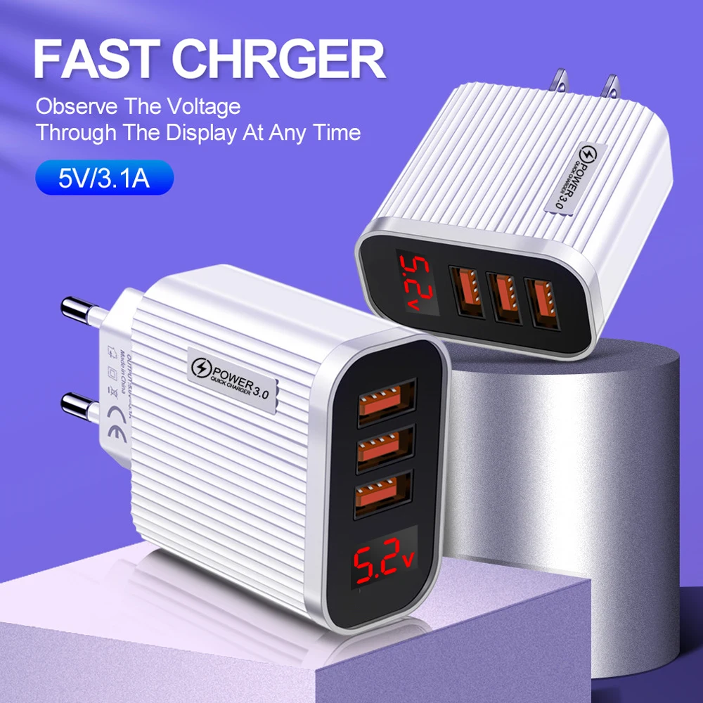 Quick Charger3.0 USB Charger สำหรับ IPhone12 13Pro Max Xiaomi Samsung Huawei 5V 3A ดิจิตอลจอแสดงผล Fast ชาร์จโทรศัพท์ charger