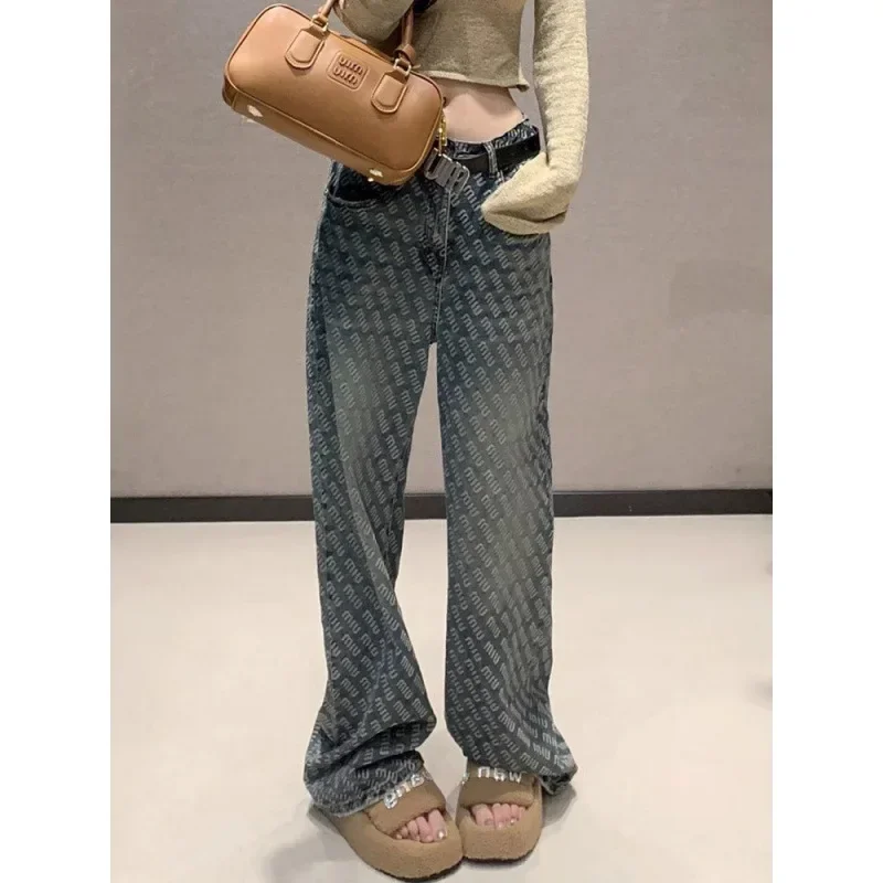 

2025 Fashionable High Waist Straight Leg Floor-Length Printed Slimming Women's Jeans Trendy Design Loose Fit Autumn New Arrival