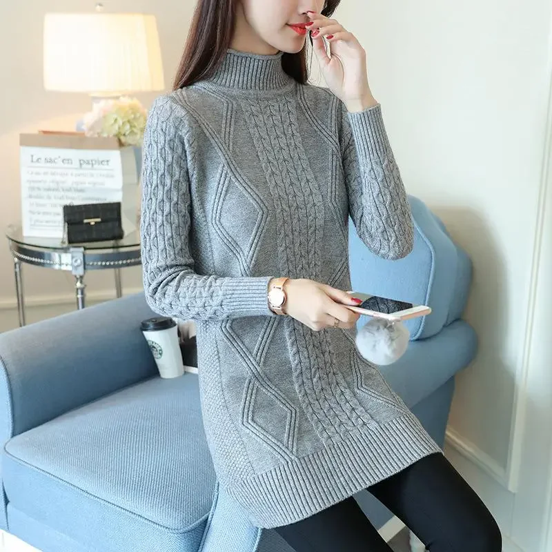 2025 New Autumn Winter Long Knitted Sweater Women Fashion Pullovers Dress Casual Korean Clothes Warm Female Long Sleeve Tops