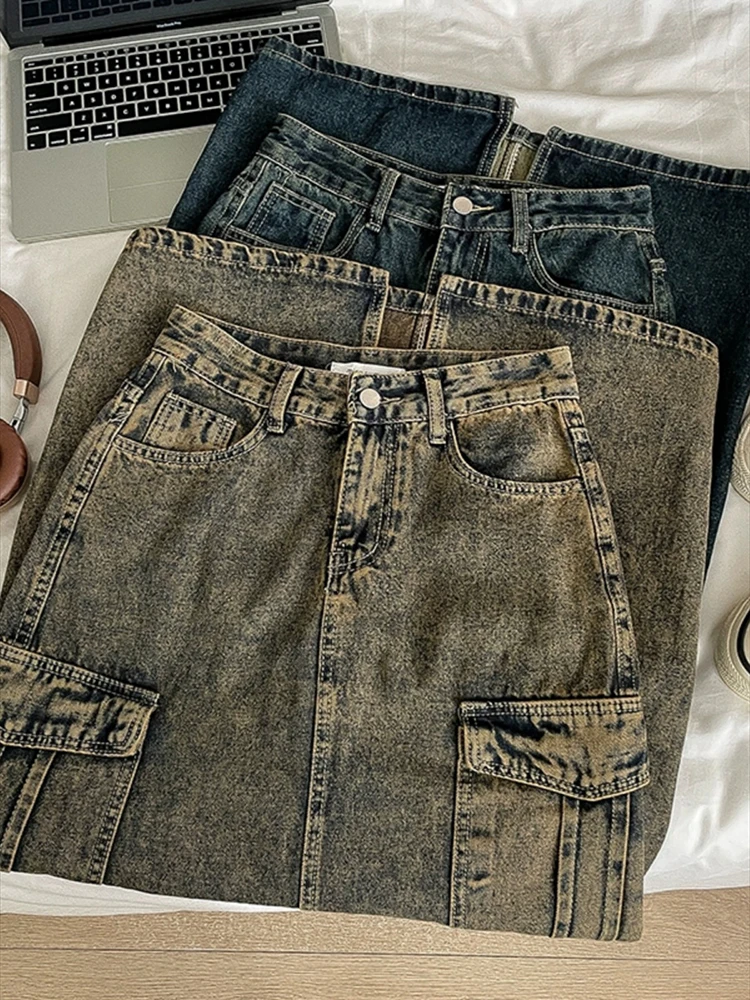 

Y2k Korean Fashion Women Denim Skirt High Waist Tight Skirt 2024 Summer New Retro Washed Pocket A-Line Skirt