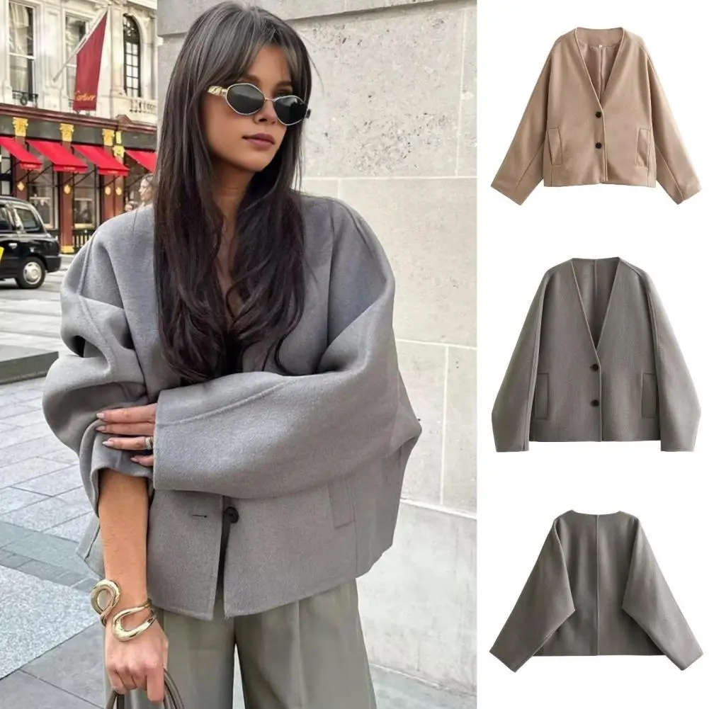 

Commuting Jacket Stylish Women's Woolen Coat with V Neck Pockets Double Button Closure Mid Length Fall Spring for Shopping