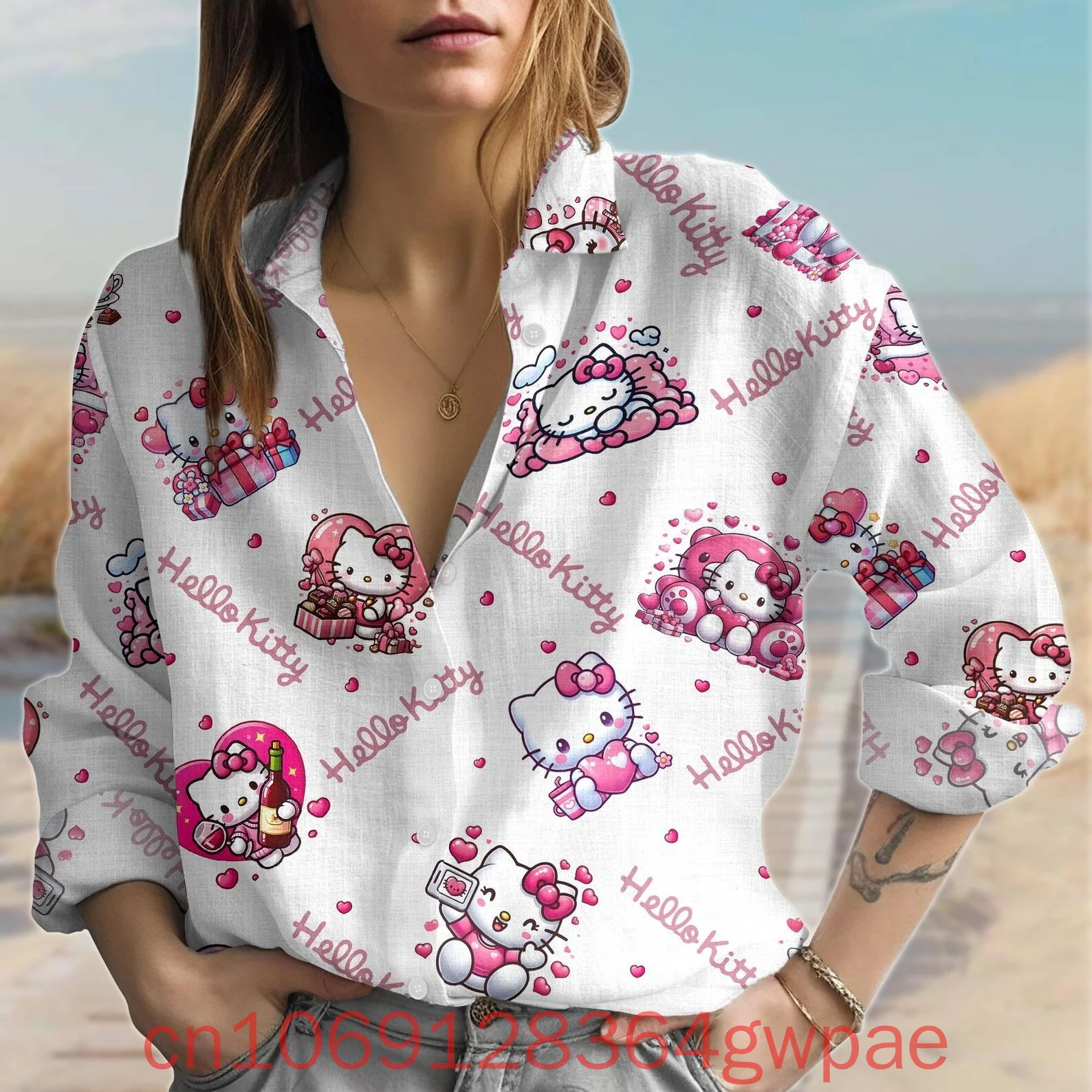 

Hello Kitty Womens Blouse Shirt Casual Long Sleeve Button Up Shirt Kawaii Kitty Women Fashion Elegant 3d Print Shirts
