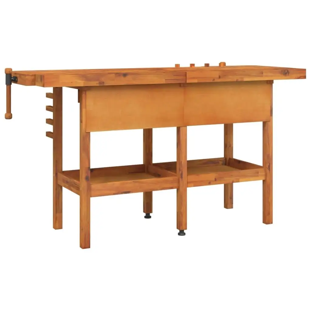 Solid Wood Acacia Workbench with Drawers & Vices - 63.8x24.4x32.7 inches