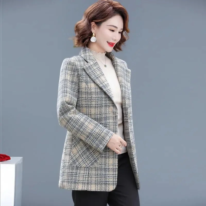 Middle Aged Mother Suit Coat 2024 NEW Spring Autumn Fashion Plaid Tops Woolen Jacket Large Size Elegant Women Blazer Outwear 5XL