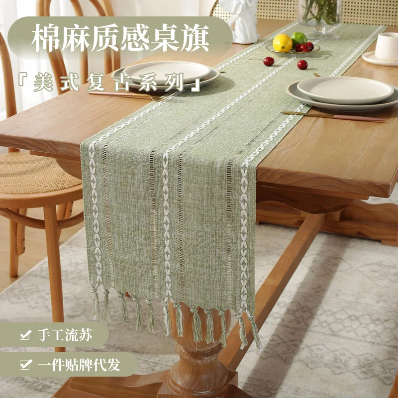 

Sage Green Cotton Linen Table Runner, Farmhouse Macrame Table Runners for Dining Table Decor, Wedding, Party and Dresser Decor