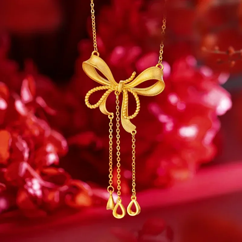 

9999 Real Gold 24K Princess on the Run Bow Necklace Niche Bow Tassel Clavicle Necklace