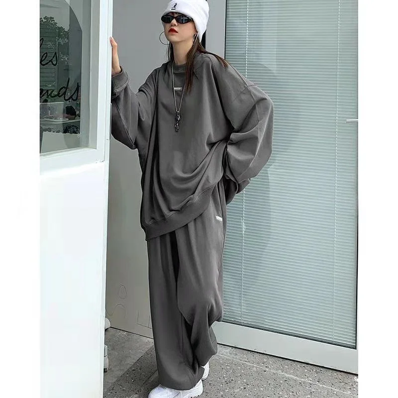 Two Piece Oversized Women Solid Sports Pant Sets Spring Autumn Tracksuit New Street Fashion Casual Long Sleeve Grey Hoodies Suit