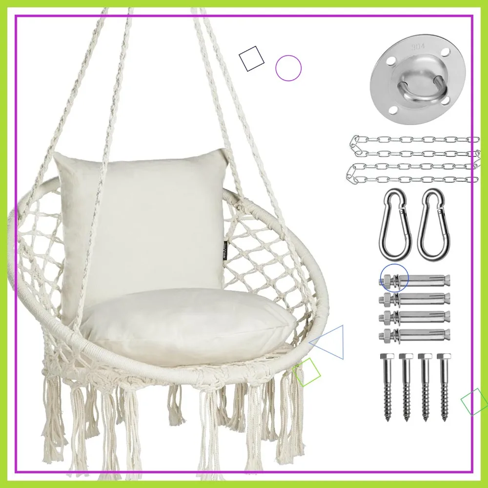 

Macrame Hanging Swing Chair Max 330 Lbs with 2 Cushions & Hardware for Indoor Outdoor Patio Bedroom - Beige