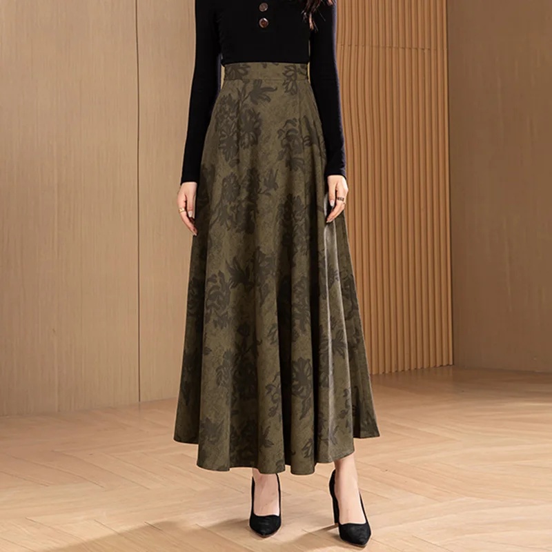신상 여성 빈티지 플로럴 롱 스커트 가을 패션 하이웨이스트 A라인 캐주얼 프린트 스커트 우아 심플함 데일리 스커트 여성