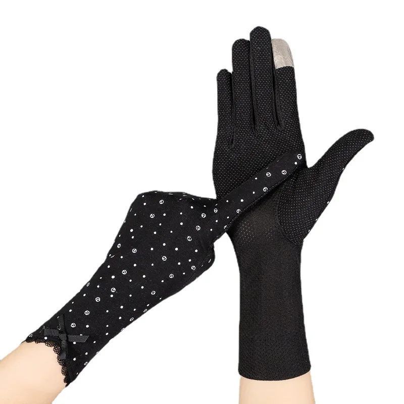 

28cm Women Summer Sunscreen Cotton Polyester Long Sun Cycling Non Slip Mitten Bow Flower Lace Dot Driving Touch Screen Glove O36