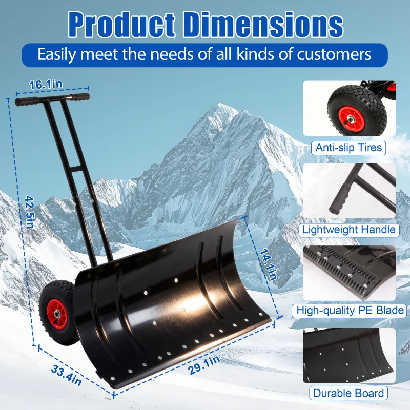 مجرفة ثلج شديدة التحمل مقاس 30 بوصة مع عجلات، ارتفاع زاوية قابل للتعديل، مقبض مريح، شفرة فولاذية كربونية، قوية ومتينة
