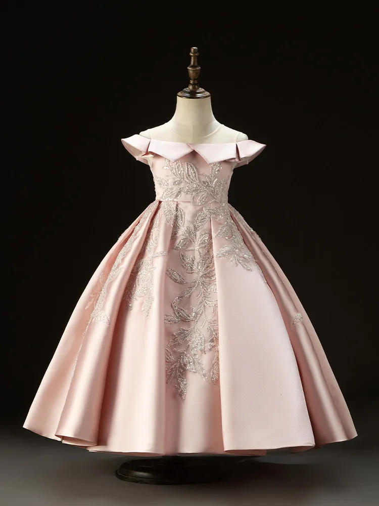 Custom Luxury Flower Girl Dress Wedding Gown Birthday Party Pageant Catwalk Off Shoulder Embroidered Satin Ball Gown فساتين اطفا