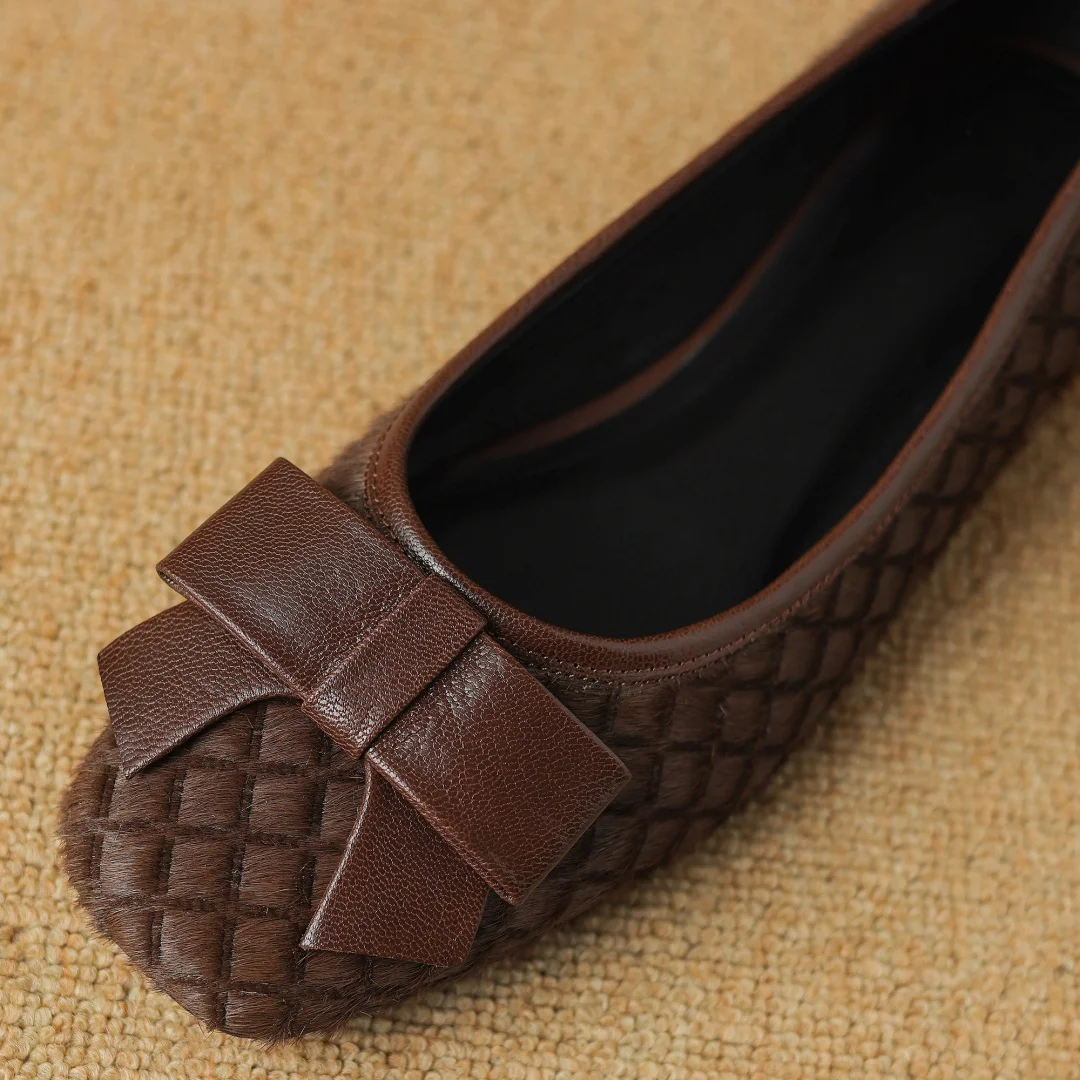 Plus size 34-41 women\'s horsehair round toe slip-on flats single shoes sweet bowtie elegant ladies slim daily dress shoes woman