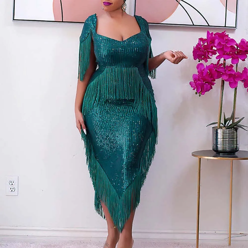 Luxury Green Sequined Dresses for Woman Square Neck Short Sleeve Tassel Sheath Package Hips Mid Calf High Quality Party Gowns