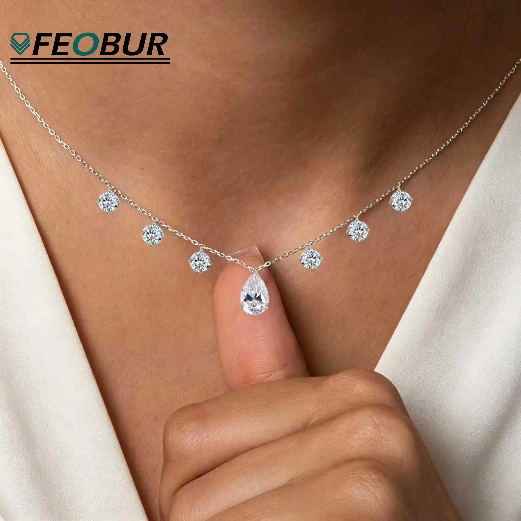 2/3Carat WaterDrop Moissanite Necklaces for Women S925 Silver Pear 7-stone Tassel Pendant Neckchain Wedding Party Jewelry Gifts