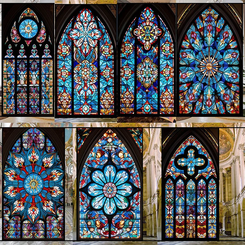 

European Retro Window Film Opaque Stained Church Art Glass Stickers PVC Self-adhesive Porch Home Decor Privacy Window Film
