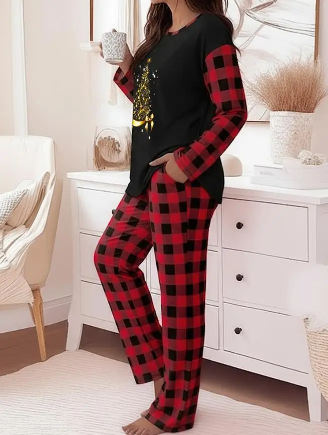 Conjunto feminino de Natal com gola redonda e estampa xadrez emendada com estampa de árvore de Natal, top de manga comprida e calças de perna reta