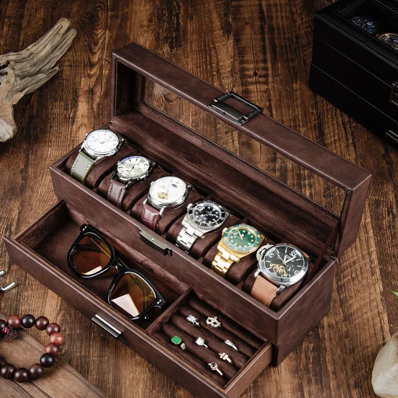 6 Slots 2 Layers Watch Case for Men Watch Box with Glass Lid Leather watch and jewelry integrated storage box Gifts for Fathers