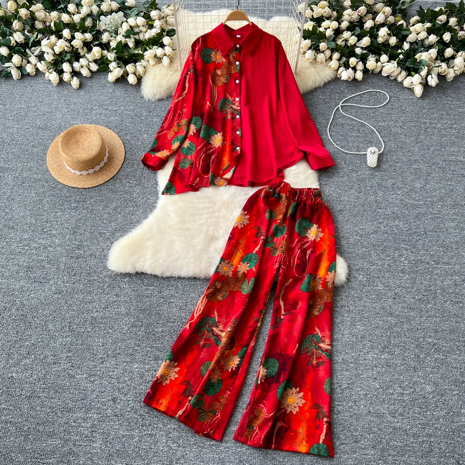 

Clothland Women Vintage Floral Suit Long Sleeve Loose Shirt Wide Leg Trousers Retro Fashion Two Piece Set Mujer TA523