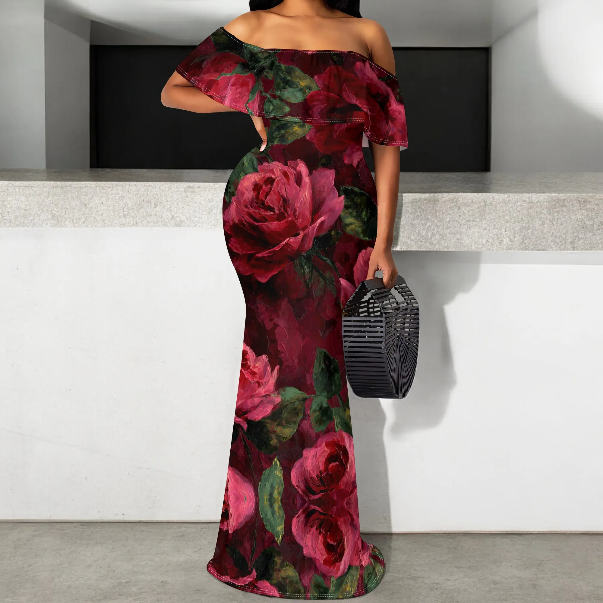 

"Off Shoulder Leopard Print Maxi Dress Women Sexy Rose Floral Bodycon Party Evening Gown Plus Size S-3XL for Valentine’s Day"