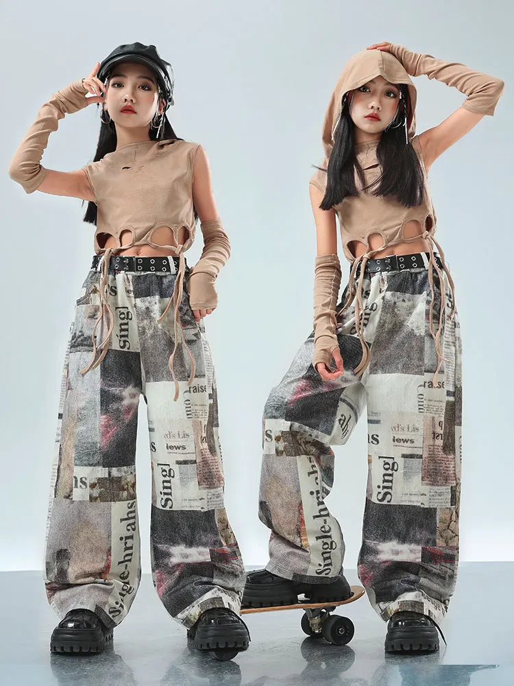 Ropa de Hip Hop para chico Wasteland, Top corto gris, Sudadera con capucha de manga larga, pantalones Cargo informales de camuflaje para niñas, trajes de baile, ropa