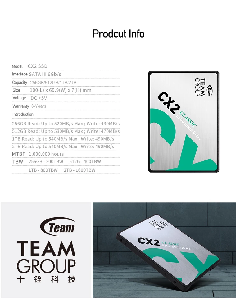 TeamGroup SSD CX2 256GB 512GB 1TB 2TB 2.5inch SATA III 3D NAND