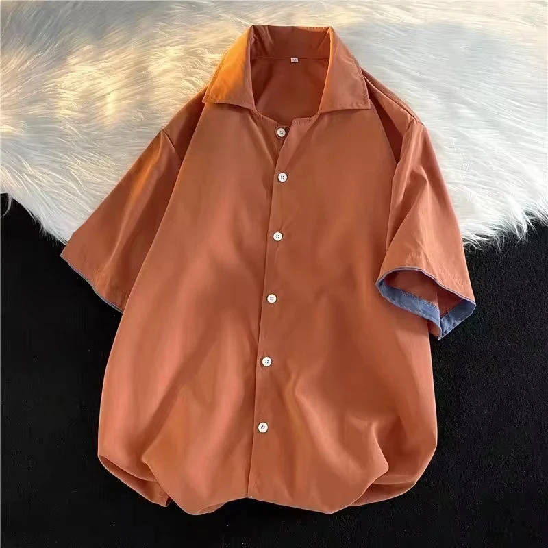 

Japanese Style 2025 Summer New Fashion Vintage Men's Short Sleeve Turn-down Collar Single-breasted Color-coded Shirts Male Tops