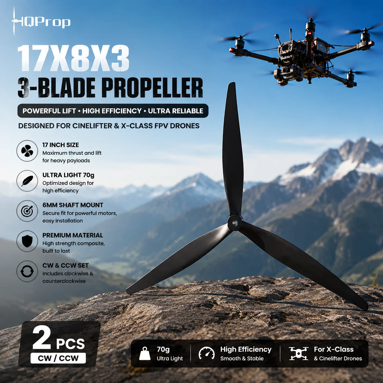 HQProp 17x8x3 17 Inch 3-Blade Propeller 70g 6mm Shaft for Cinelifter X-Class FPV Drone CW CCW