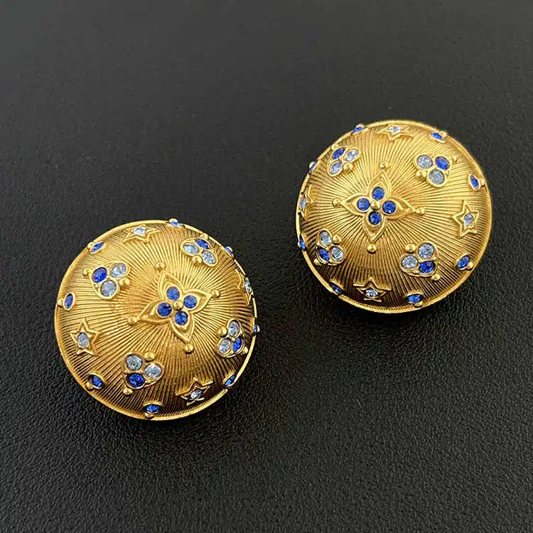 Vintage Blue Crystal Gold Round Earring Ear Clip Women High Quality Designer Europe Jewelry Trend