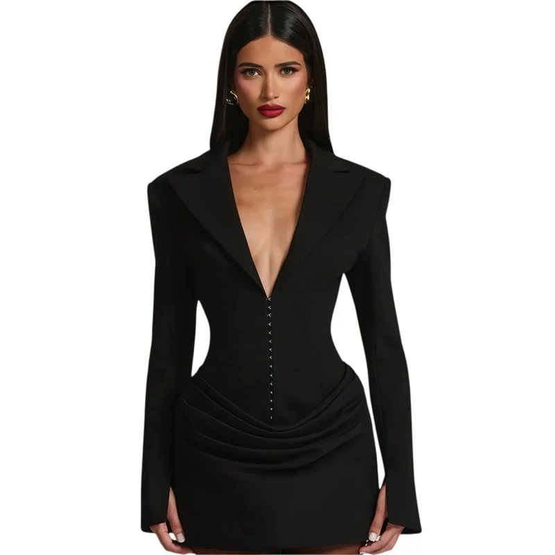 

Women's Black Lapel Collar Dress, Elegant Fitted Midi Dress and Chic V-Neck Belted Gown for Party, Wedding, and Formal Events