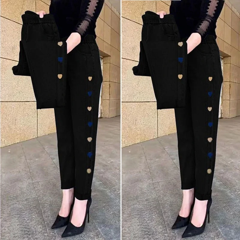 Fashion Casual Mom Jeans Summer Big Size Women Thin 40 Or 50 Years Old Heart Women High Waist Stretch 2024 Spring Autumn Slimmin