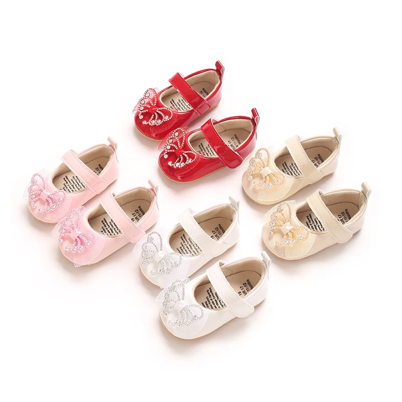 Baby Girl Mary Jane Shoes Sparkle Rhinestone Butterfly Soft Sole Infant Prewalker Shoes Newborn Princess Dress Shoes 0-18M