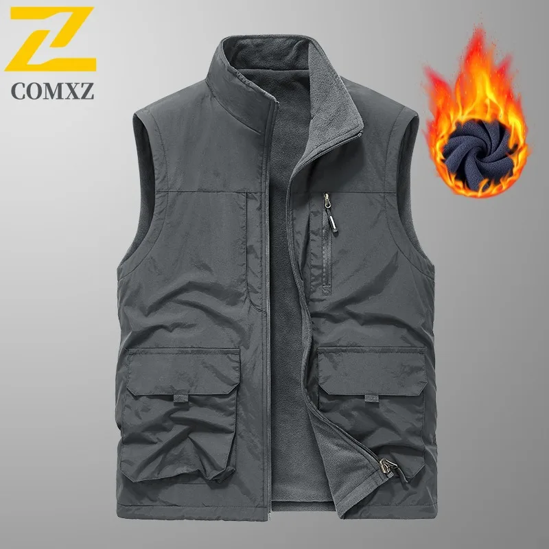 COMXZ New Autumn Winter Mens Vest Reversible Fleece Outdoor sports Workwear Waterproof Vest Multi Pocket lightweight Waistcoat