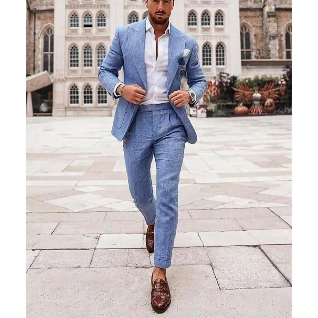 Men\'s Linen Suit 2 Piece Slim Fit Suit Summer Beach Wedding Suit Groosmen Prom Tuxedo Linen Blazer Pants Set