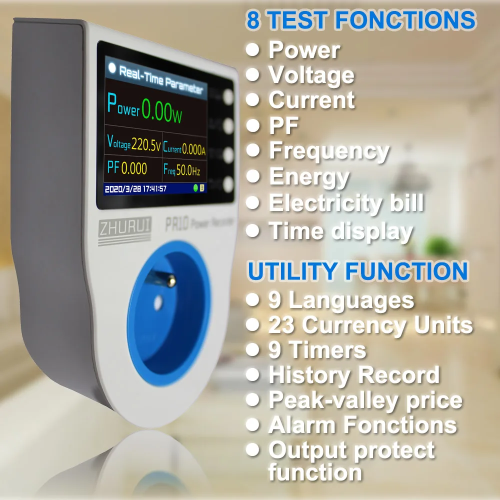 ZHURUI PR10-D francouzský chladi kolíček nástrčkový energie meter/ energie meter/ measure/ alarm/ timing/ 0.1~4000w/socket meter/meteric